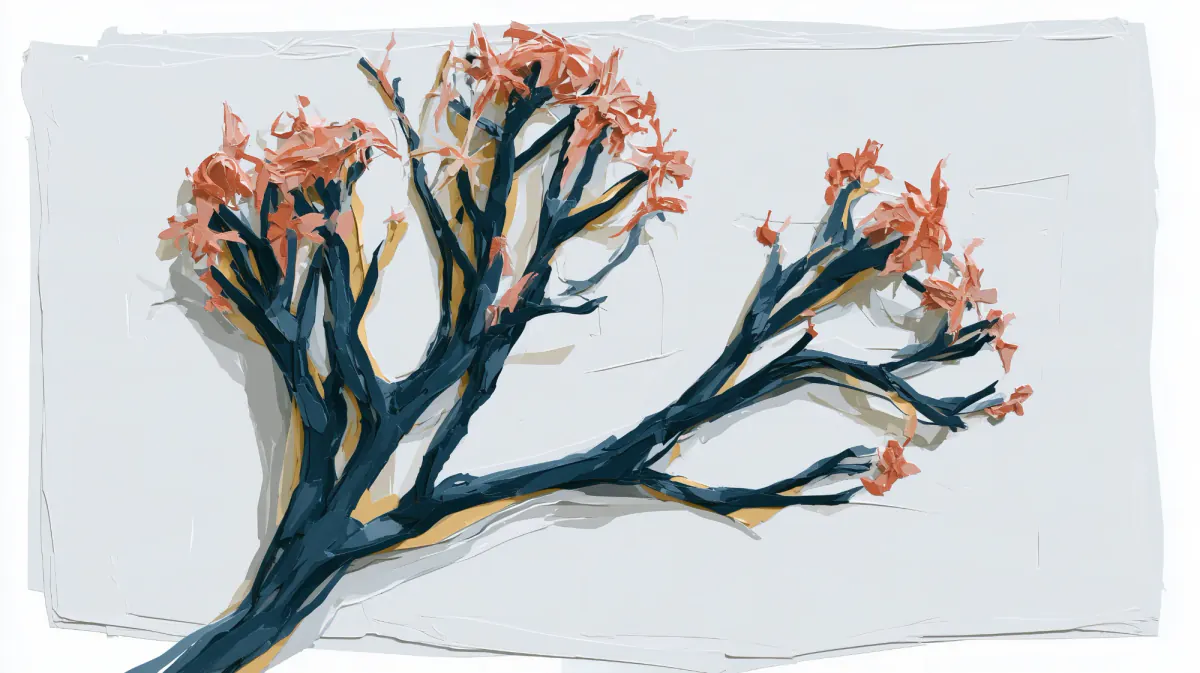 Cut-paper collage of a navy branch with coral blossoms on a pale ground.